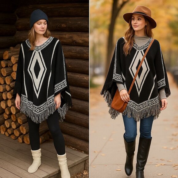 64 Sixty Five Knit Fringe Poncho – Boho Cozy, Cabincore, Fall Streetwear - Picture 1 of 10